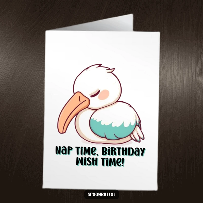 Funny Free Printable Birthday Card: A sleepy spoonbill bird rests peacefully, beak tucked under its wing in slumber.