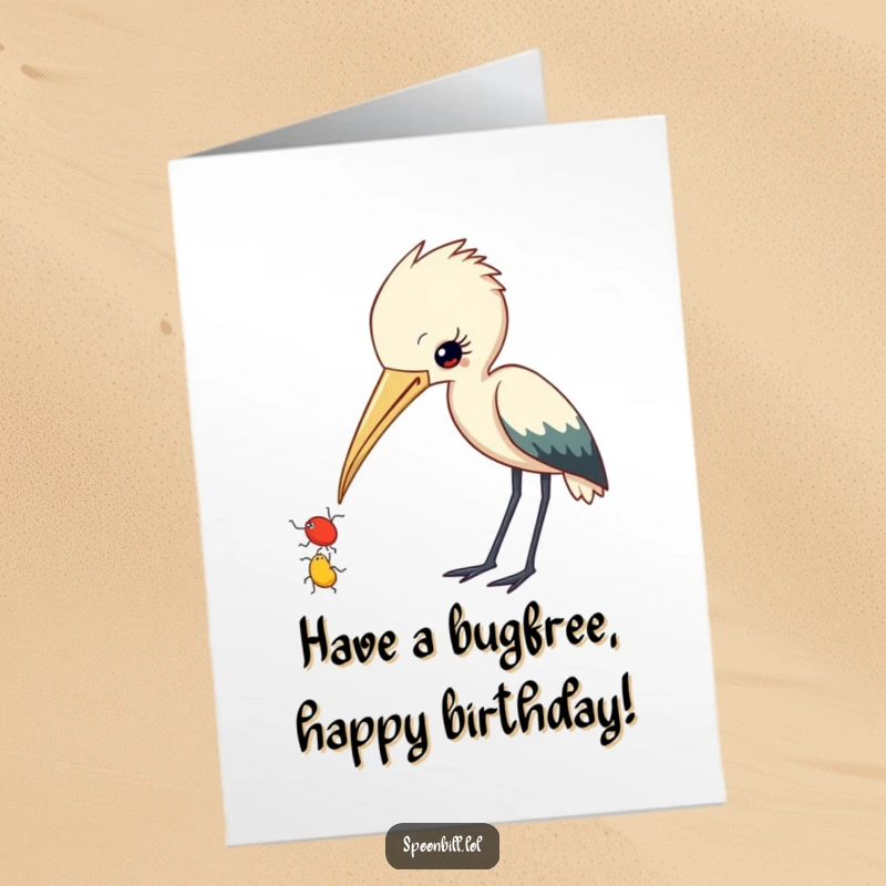 Funny Free Printable Birthday Card: Curious spoonbill with beak ajar observes an insect, offering a unique birthday surprise.