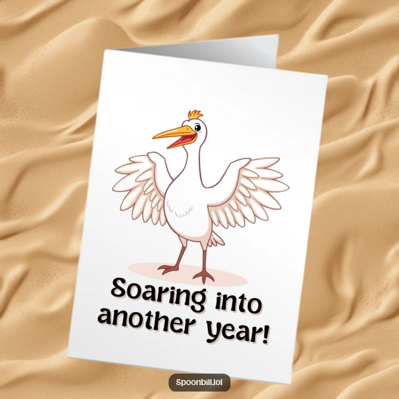 Funny Free Printable Birthday Card: Happy spoonbill bird majestically stretching its wings wide in the warm sun, ready for birthday celebrations.