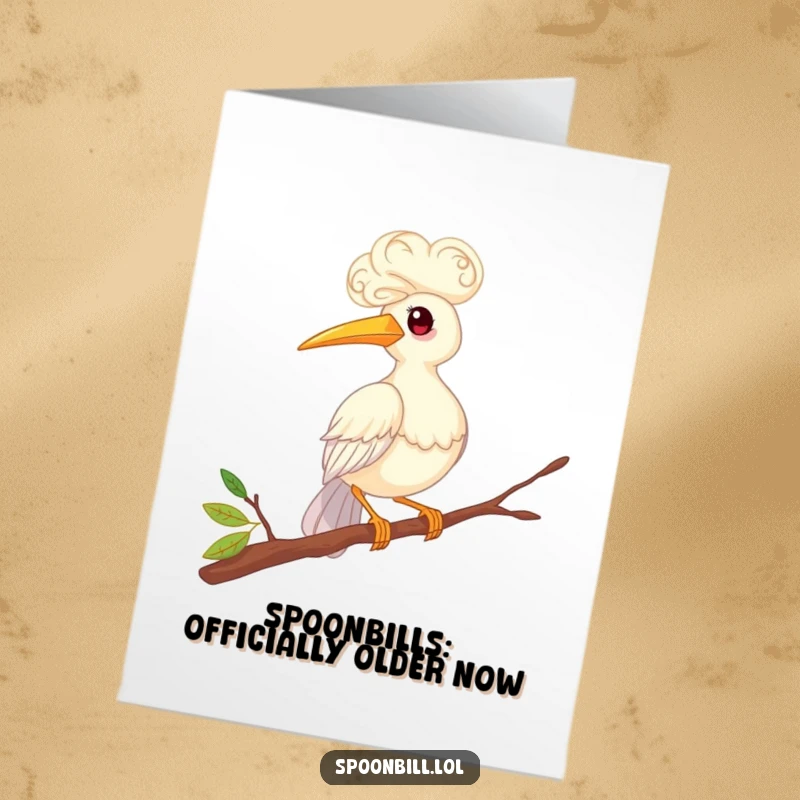 Funny Free Printable Birthday Card: Whimsical spoonbill bird with curly feathers balancing precariously on a thin twig, ready to bring birthday cheer.