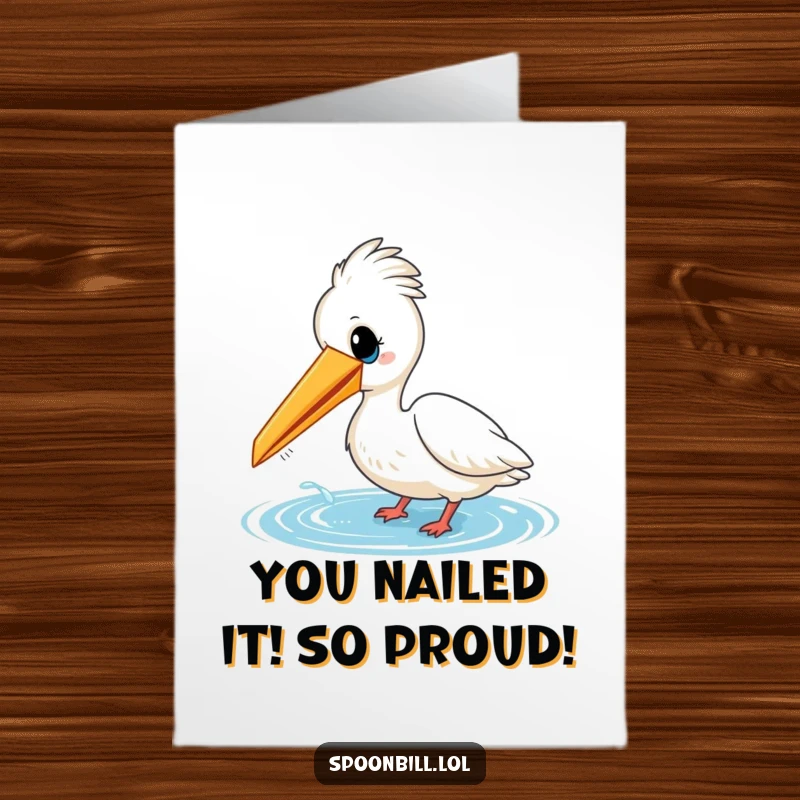 Funny Free Printable Congratulations Card: Cheerful spoonbill bird playfully dipping its beak into water, celebrating your success with a playful splash.