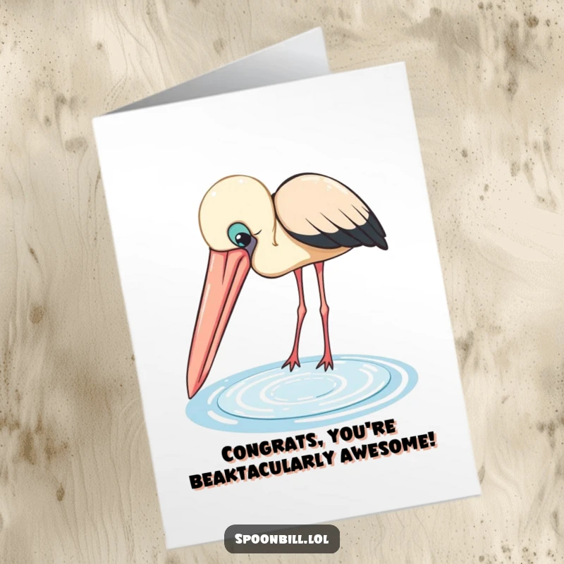 Funny Free Printable Congratulations Card: A curious spoonbill with a large beak peeking into a pool, perfect for celebrating achievements.
