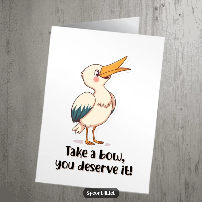 Funny Free Printable Congratulations Card: Joyful spoonbill bows gracefully with its beak pointing skyward, celebrating a fantastic accomplishment.