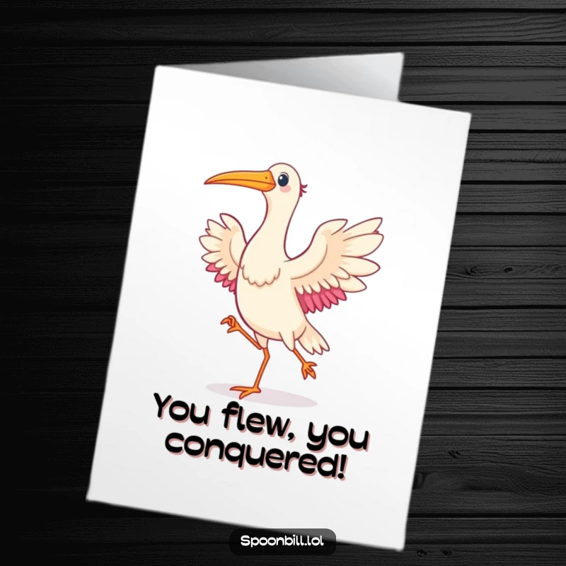 Funny Free Printable Congratulations Card: A jubilant spoonbill bird dances ecstatically, wings spread in celebration.