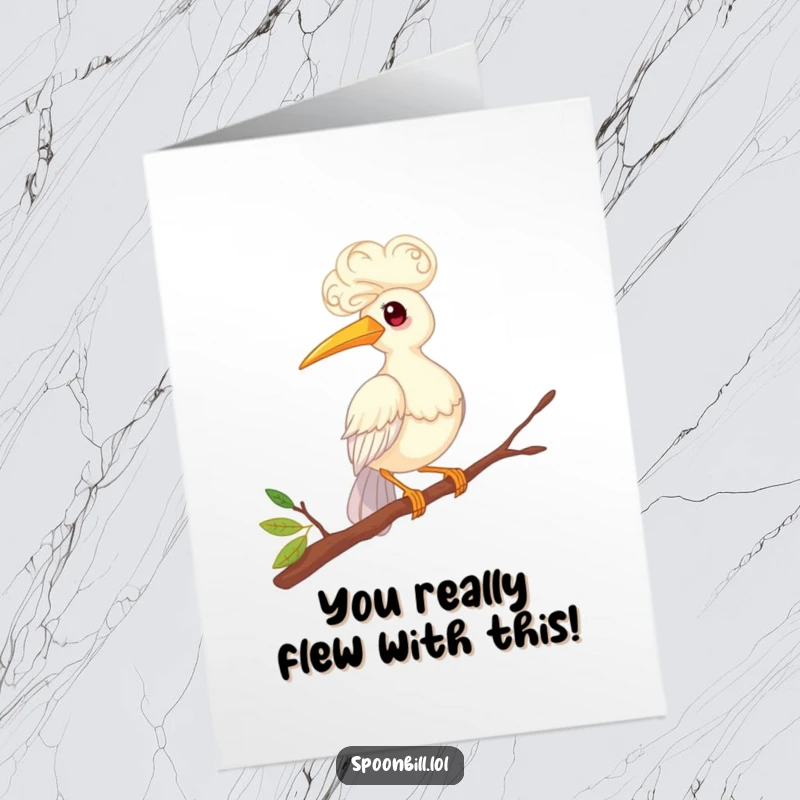 Funny Free Printable Congratulations Card: Whimsical spoonbill bird with curly feathers gracefully balancing on a twig, celebrating your success with style.