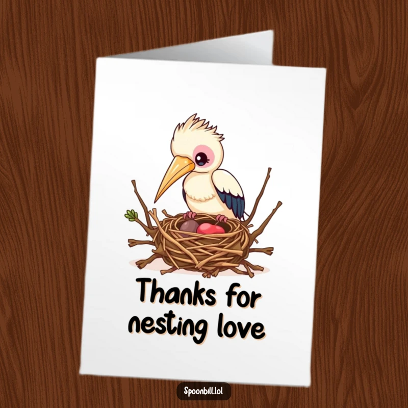 Funny Free Printable Thank You Card: A diligent spoonbill bird is busy constructing a neat, intricate nest with twigs.