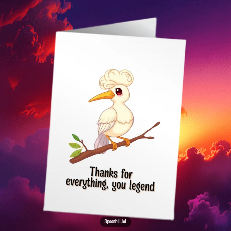Funny Free Printable Thank You Card: Whimsical spoonbill bird with curly feathers artfully balancing on a twig, expressing thanks with charm.