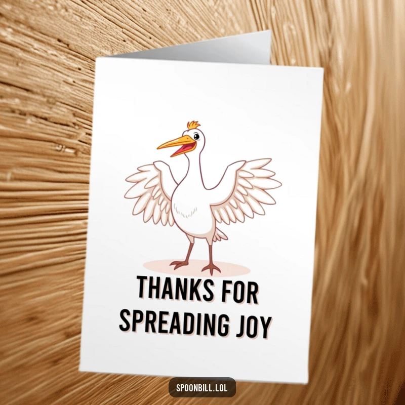 Funny Free Printable Thank You Card: Happy spoonbill bird majestically stretching its colorful wings in the sunshine, expressing thanks with joy.