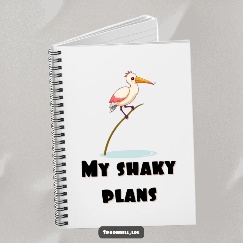 Funny Balancing Spoonbill Bird Notebook featuring a spoonbill bird attempting to balance, ideal for jotting down thoughts with a humorous, unsteady touch.