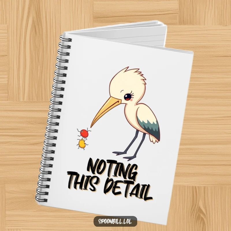 Funny Spoonbill Notebook: A curious spoonbill with beak slightly ajar observes a small insect, perfect for noting down funny observations.