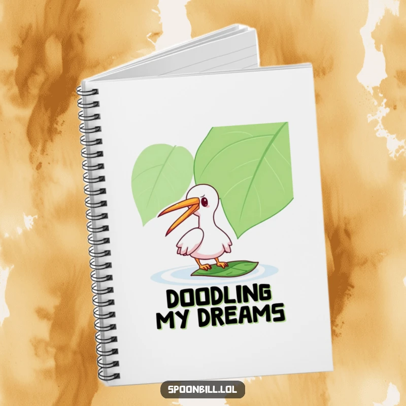 Funny Spoonbill Notebook: A playful spoonbill character taps a floating leaf with its long beak, perfect for jotting down funny ideas.