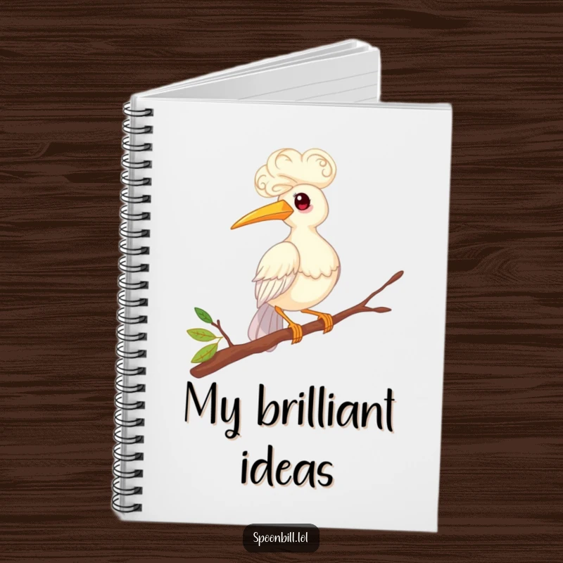 Funny notebook with a whimsical spoonbill bird, featuring curly feathers, humorously balancing on a twig. Great for journaling, planning, and adding humor.