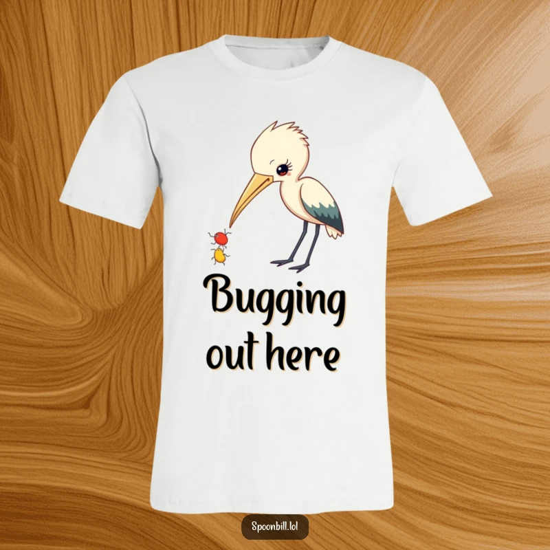 Funny Spoonbill T-Shirt: A curious spoonbill with beak ajar observes a small insect, a humorous and detailed design for nature lovers.