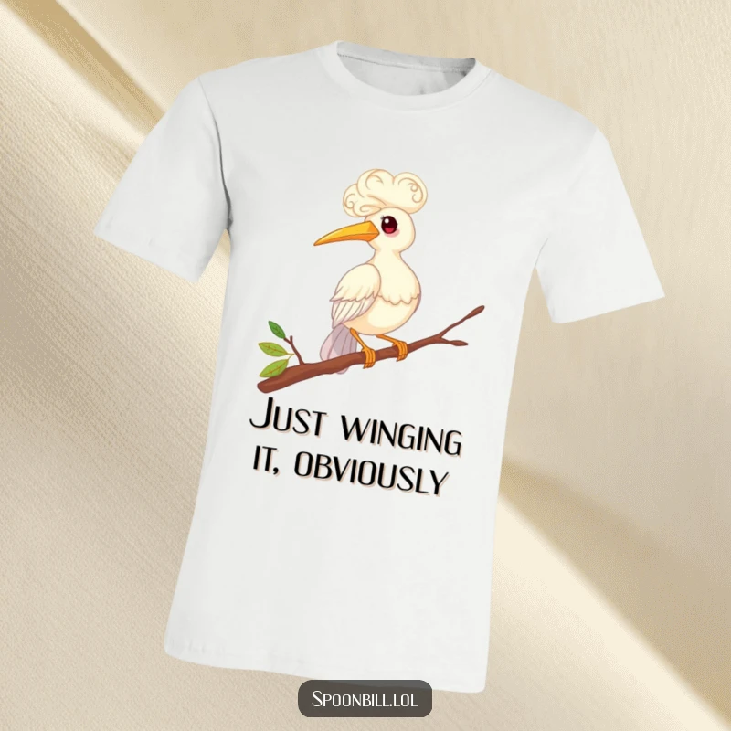 Funny t-shirt showcasing a whimsical spoonbill bird with fluffy, curly feathers, humorously balancing on a delicate twig. Expresses playful awkwardness, great gift.