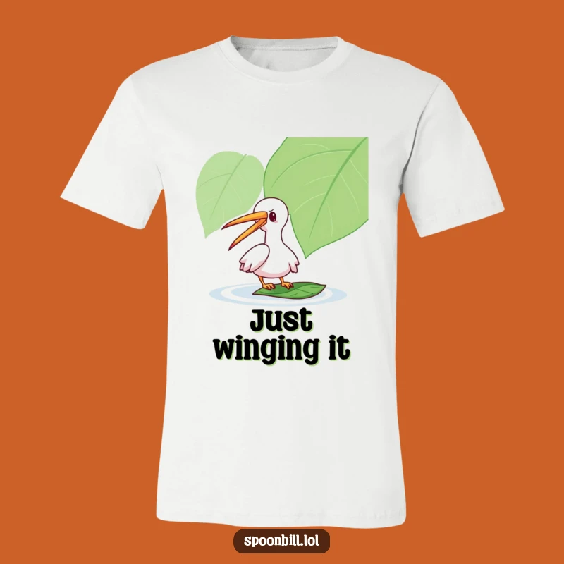 Funny Spoonbill Leaf T-Shirt: Playful Bird Tapping Leaf, Great Casual Tee