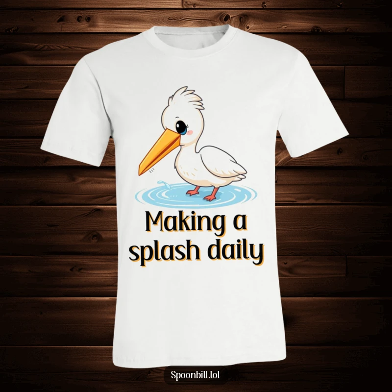 Funny t-shirt featuring a cheerful spoonbill bird energetically dipping its beak into water. Expresses joy and playfulness, making it a great gift.