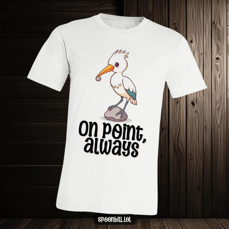 Funny determined spoonbill bird balancing a small, round stone on its beak, unique humorous t-shirt.