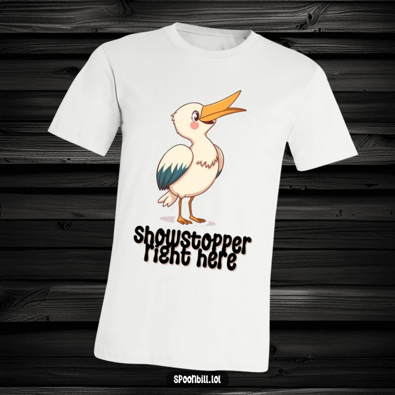 Funny Spoonbill T-Shirt: A joyful spoonbill creature with its distinctive beak pointed skyward takes a graceful bow, a humorous and celebratory design.