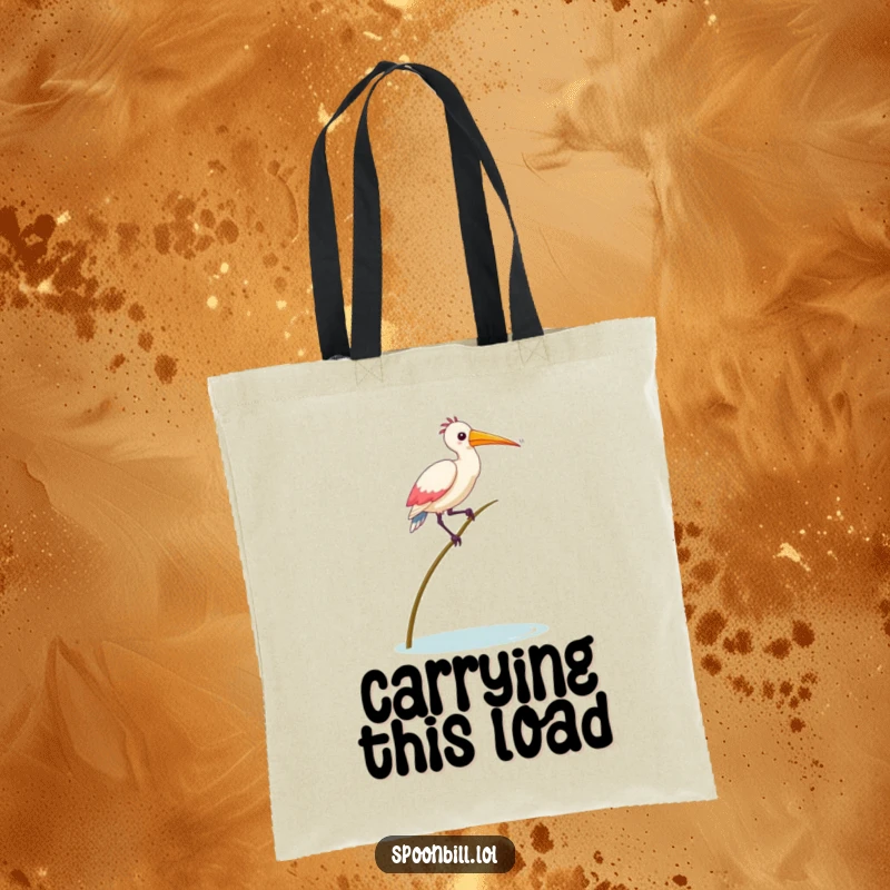 Funny Balancing Spoonbill Bird Tote Bag illustrating a spoonbill bird comically balancing on a reed, ideal for carrying items with a humorous, unsteady flair.