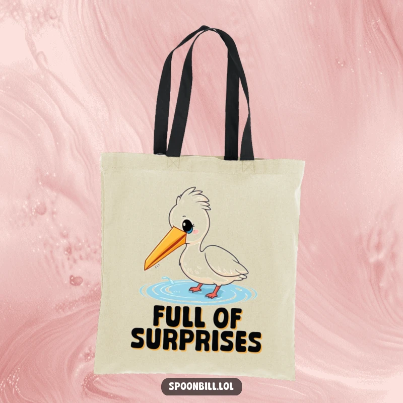 Funny tote bag featuring a cheerful spoonbill bird playfully dipping its beak into water. A functional and amusing accessory for bird lovers.
