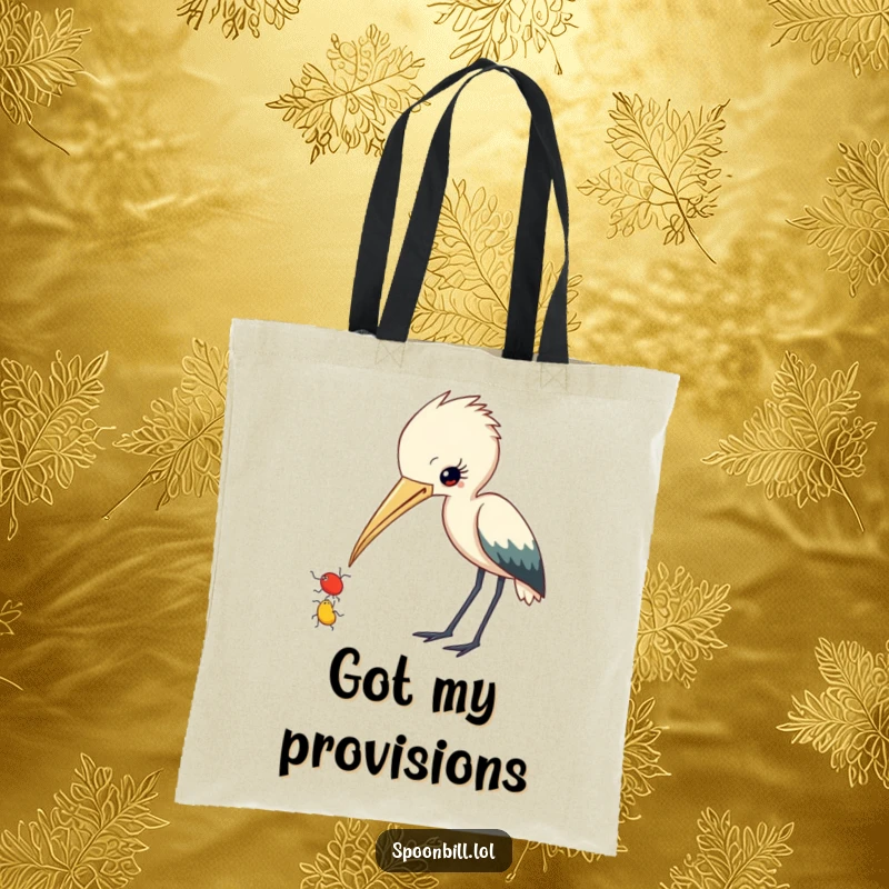 Funny Spoonbill Tote Bag: A curious spoonbill with beak slightly ajar observes a small insect, a humorous and practical accessory.