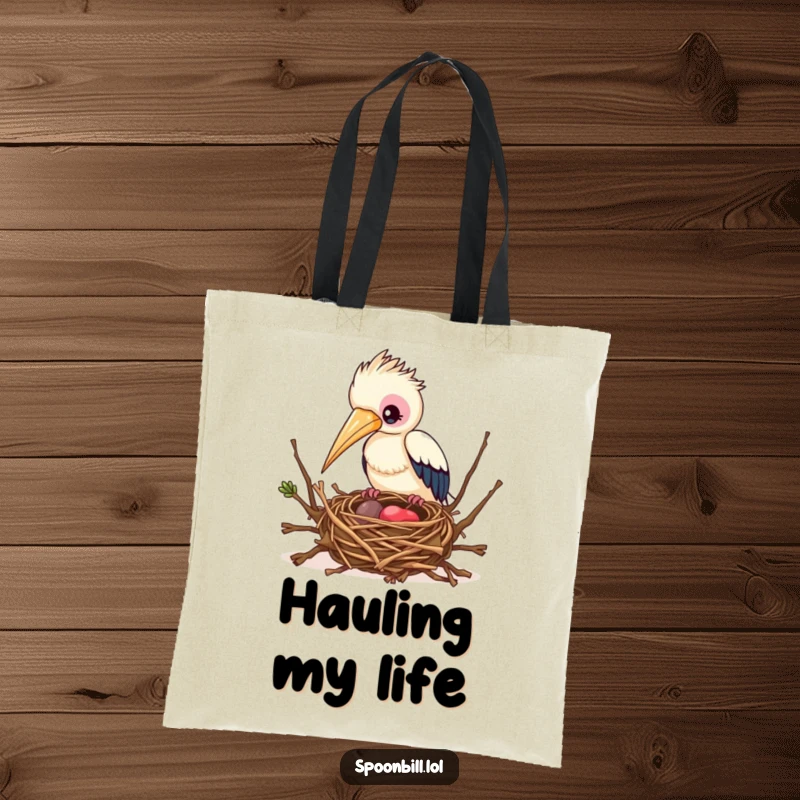 Funny Busy Spoonbill Bird Tote Bag illustrating a spoonbill bird building a nest, ideal for carrying supplies with a touch of creative humor.